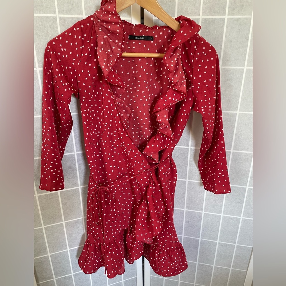 Dplus Studio Wrap Dress, Red Stars, Size Small.